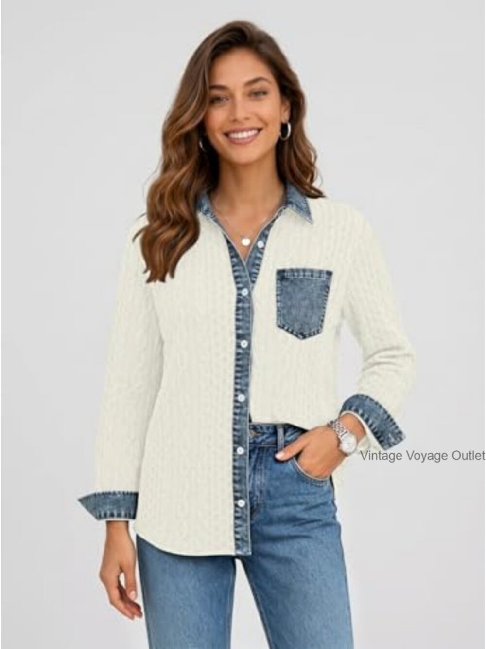 Women's Cable Knit Shacket Denim Patchwork Casual Jacket - Picture 2 of 5